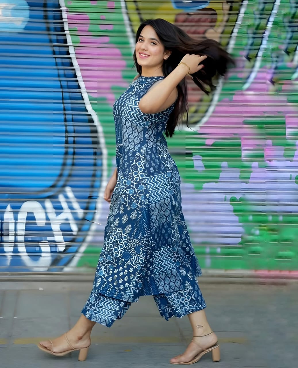 Blue Ethnic Print Halter Neck A-Line Kurta Palazzo Set