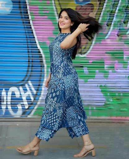 Blue Ethnic Print Halter Neck A-Line Kurta Palazzo Set