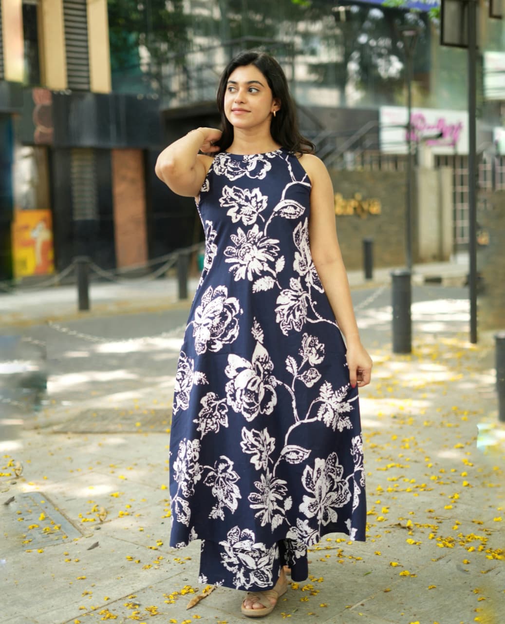 Navy Blue Floral Halter Neck A-Line Kurta Palazzo Set