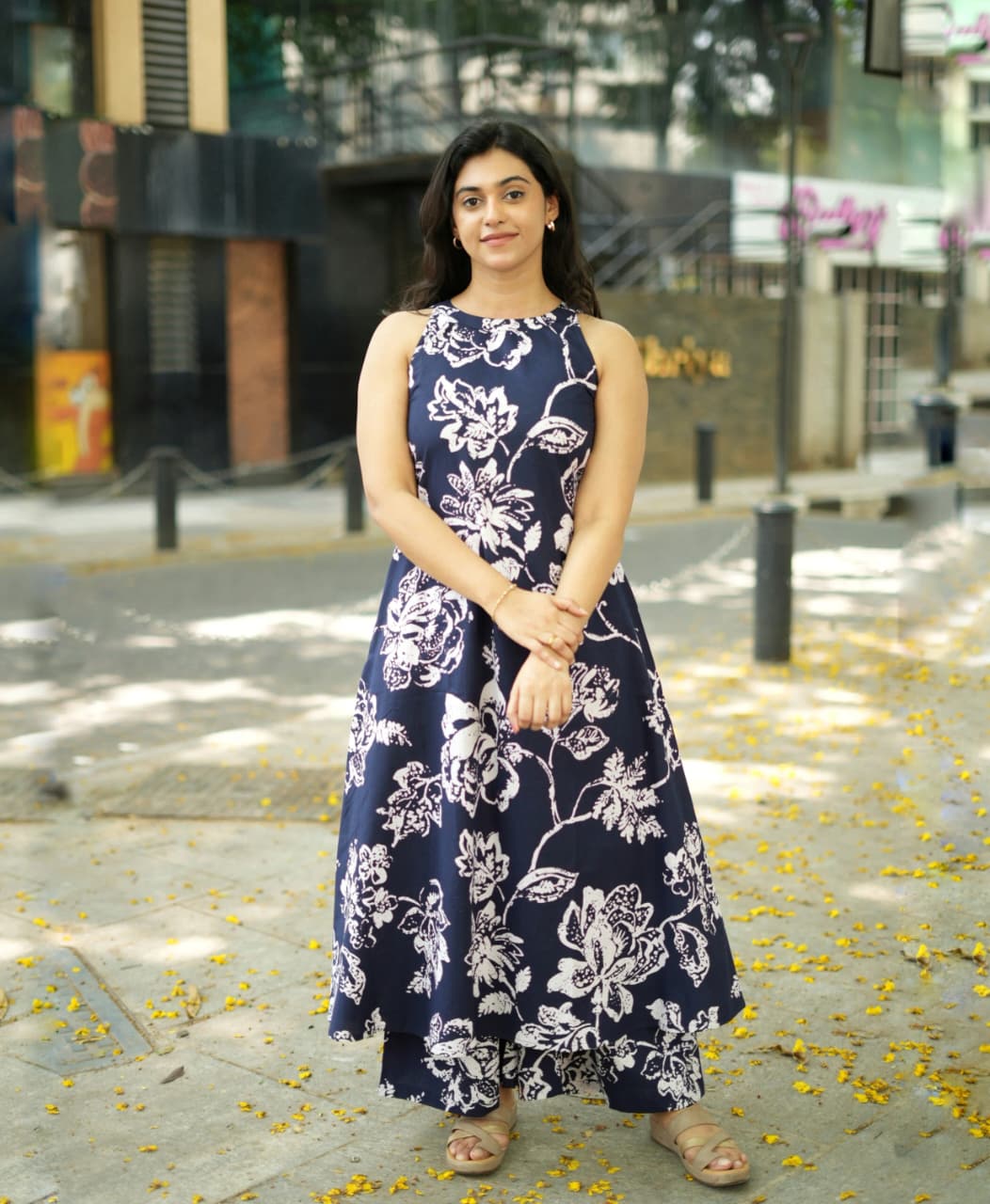 Navy Blue Floral Halter Neck A-Line Kurta Palazzo Set