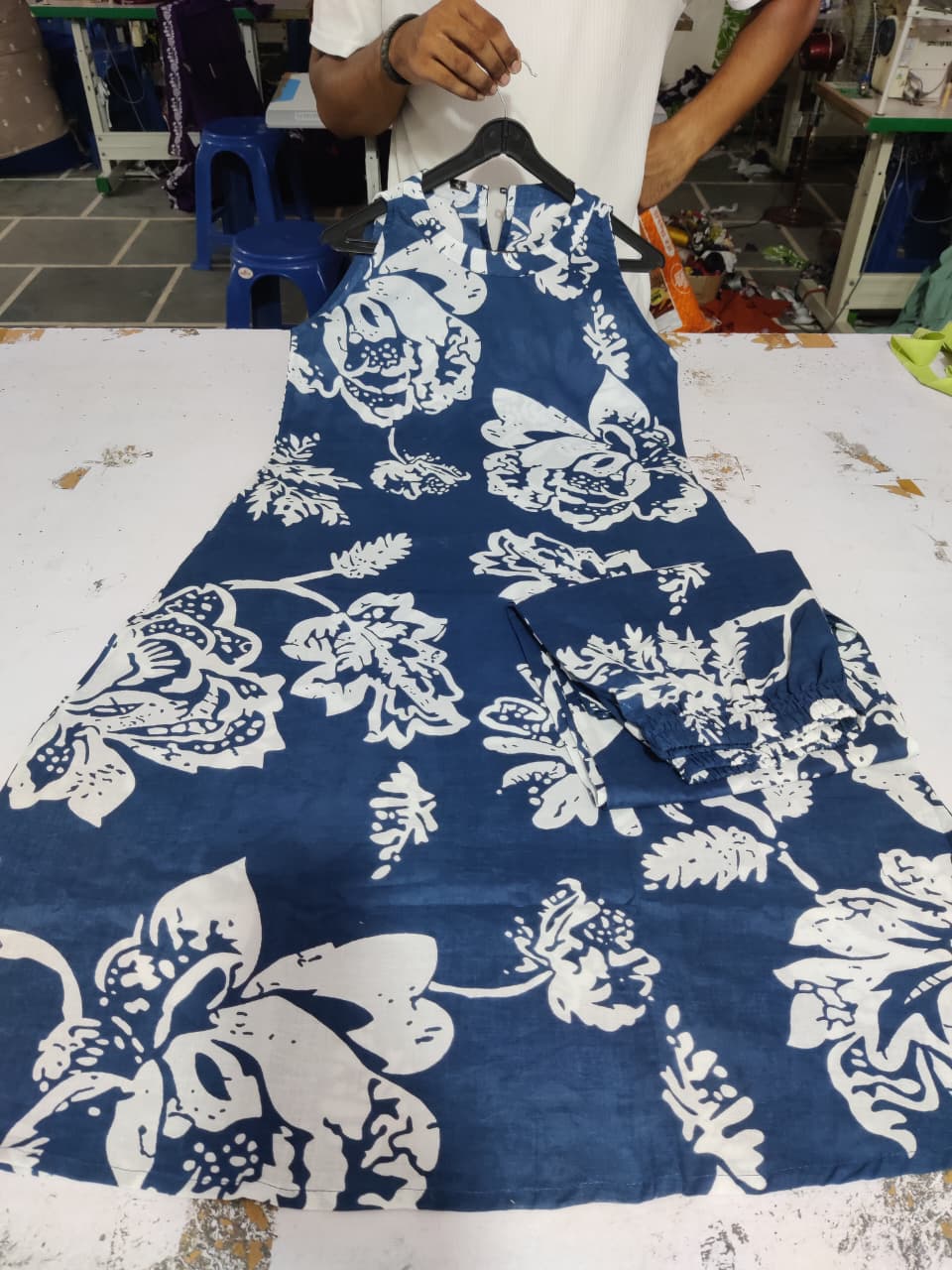 Navy Blue Floral Halter Neck A-Line Kurta Palazzo Set