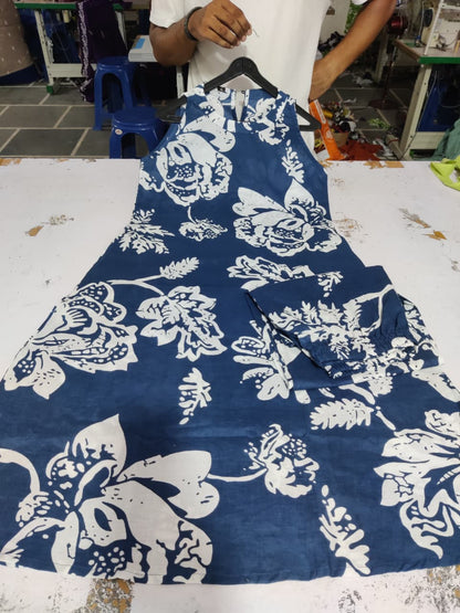 Navy Blue Floral Halter Neck A-Line Kurta Palazzo Set