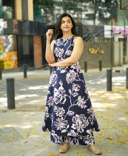 Navy Blue Floral Halter Neck A-Line Kurta Palazzo Set