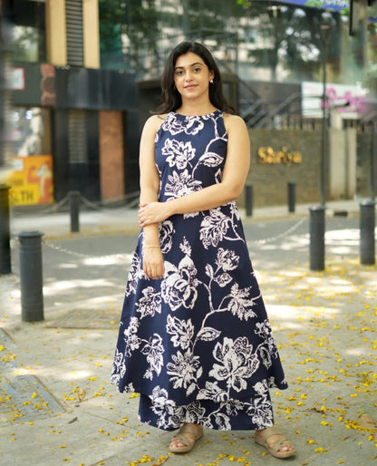 Navy Blue Floral Halter Neck A-Line Kurta Palazzo Set