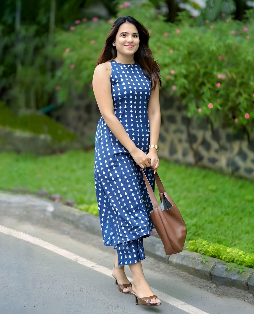 Navy Blue Halter Neck Printed A-Line Kurta Palazzo Set