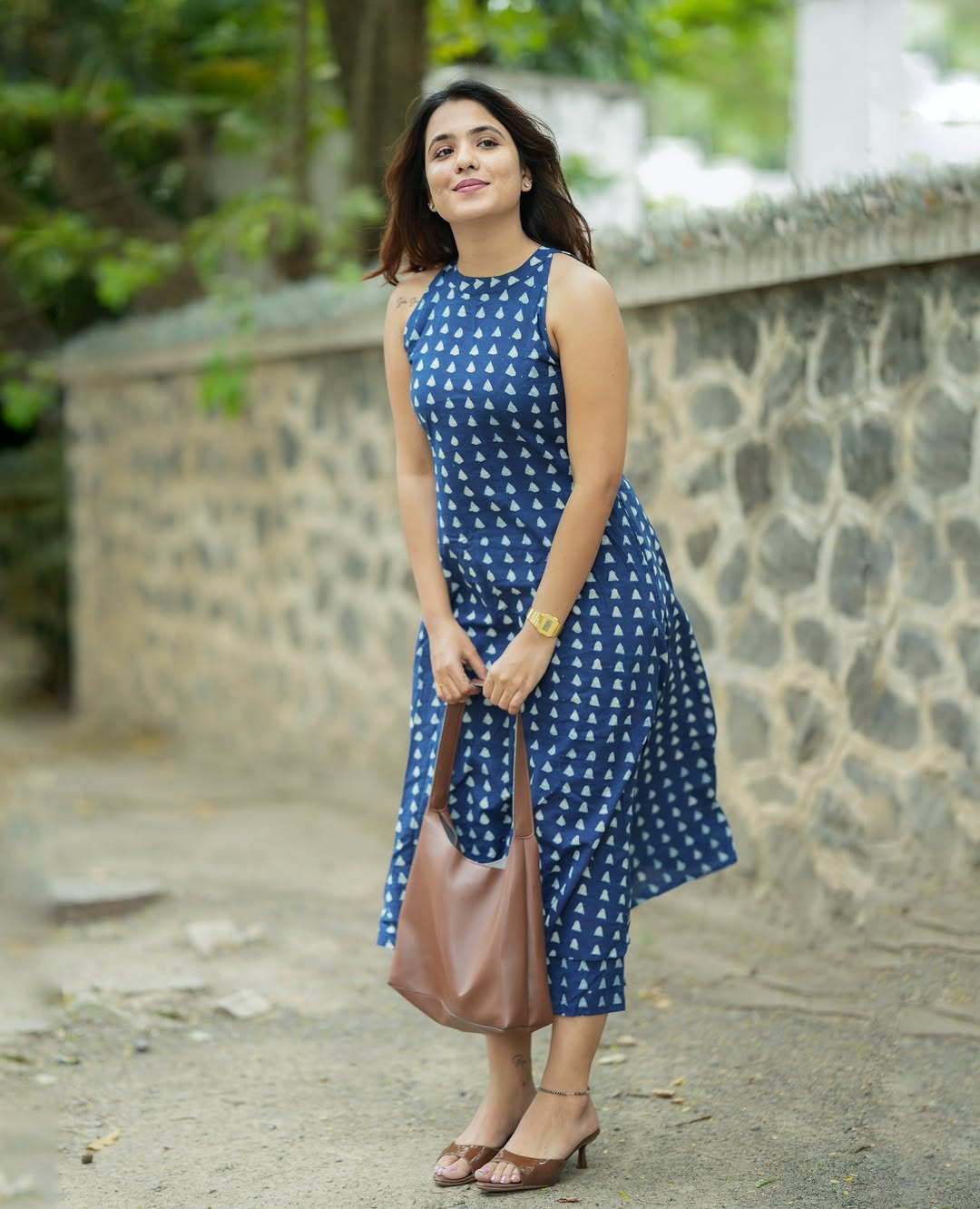 Navy Blue Halter Neck Printed A-Line Kurta Palazzo Set
