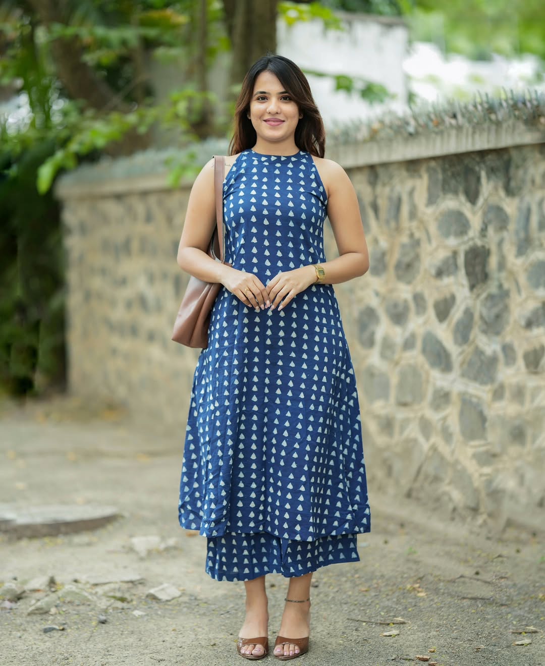 Navy Blue Halter Neck Printed A-Line Kurta Palazzo Set