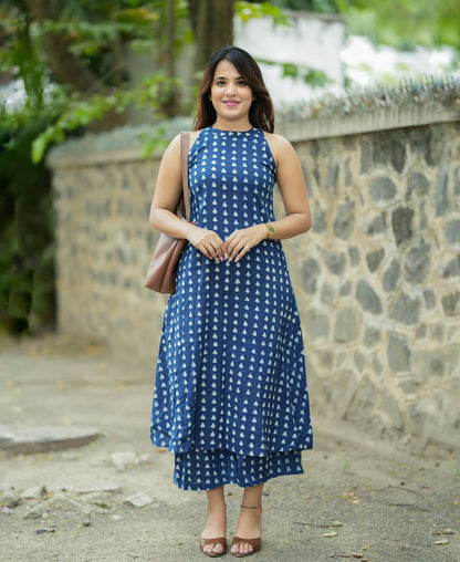 Navy Blue Halter Neck Printed A-Line Kurta Palazzo Set
