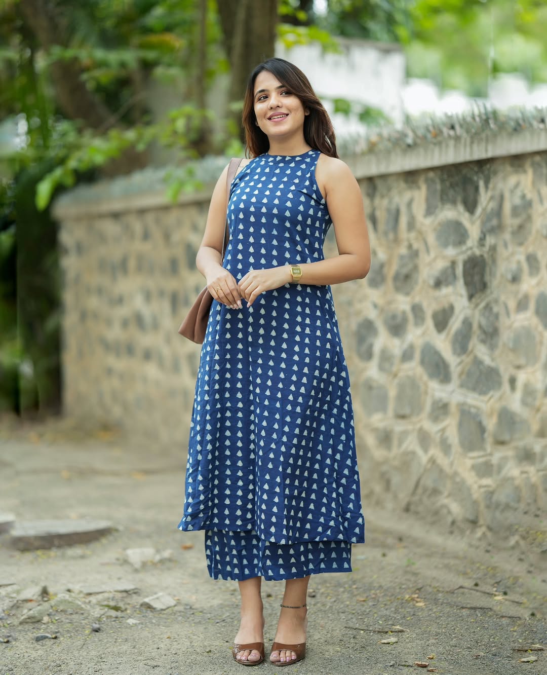 Navy Blue Halter Neck Printed A-Line Kurta Palazzo Set