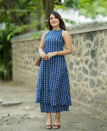 Navy Blue Halter Neck Printed A-Line Kurta Palazzo Set