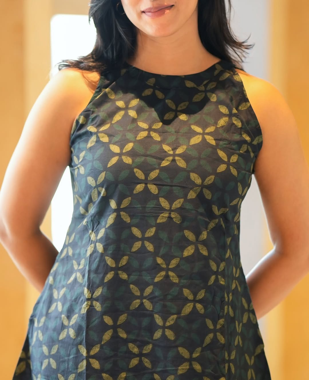 Navy Blue Leaf Print A-Line Kurta Palazzo Set
