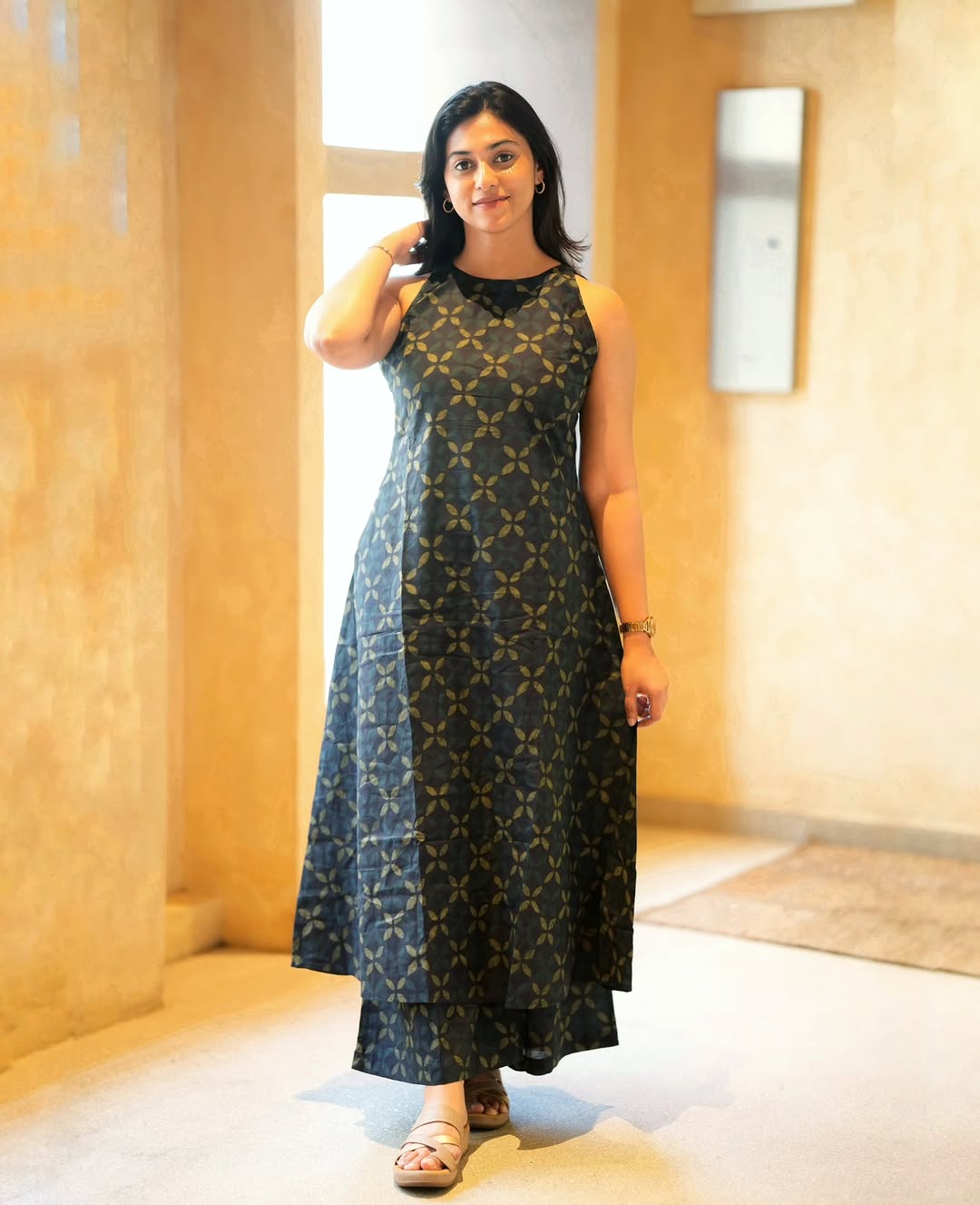 Navy Blue Leaf Print A-Line Kurta Palazzo Set