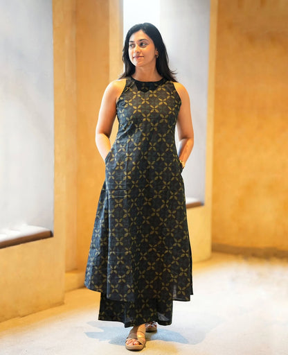Navy Blue Leaf Print A-Line Kurta Palazzo Set