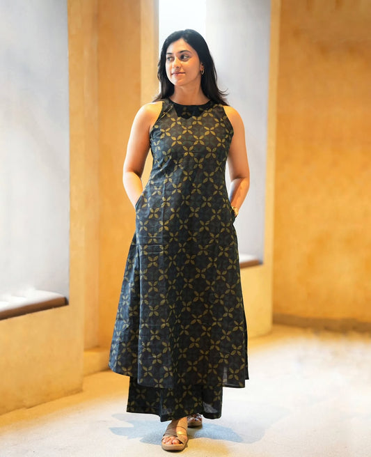 Navy Blue Leaf Print A-Line Kurta Palazzo Set