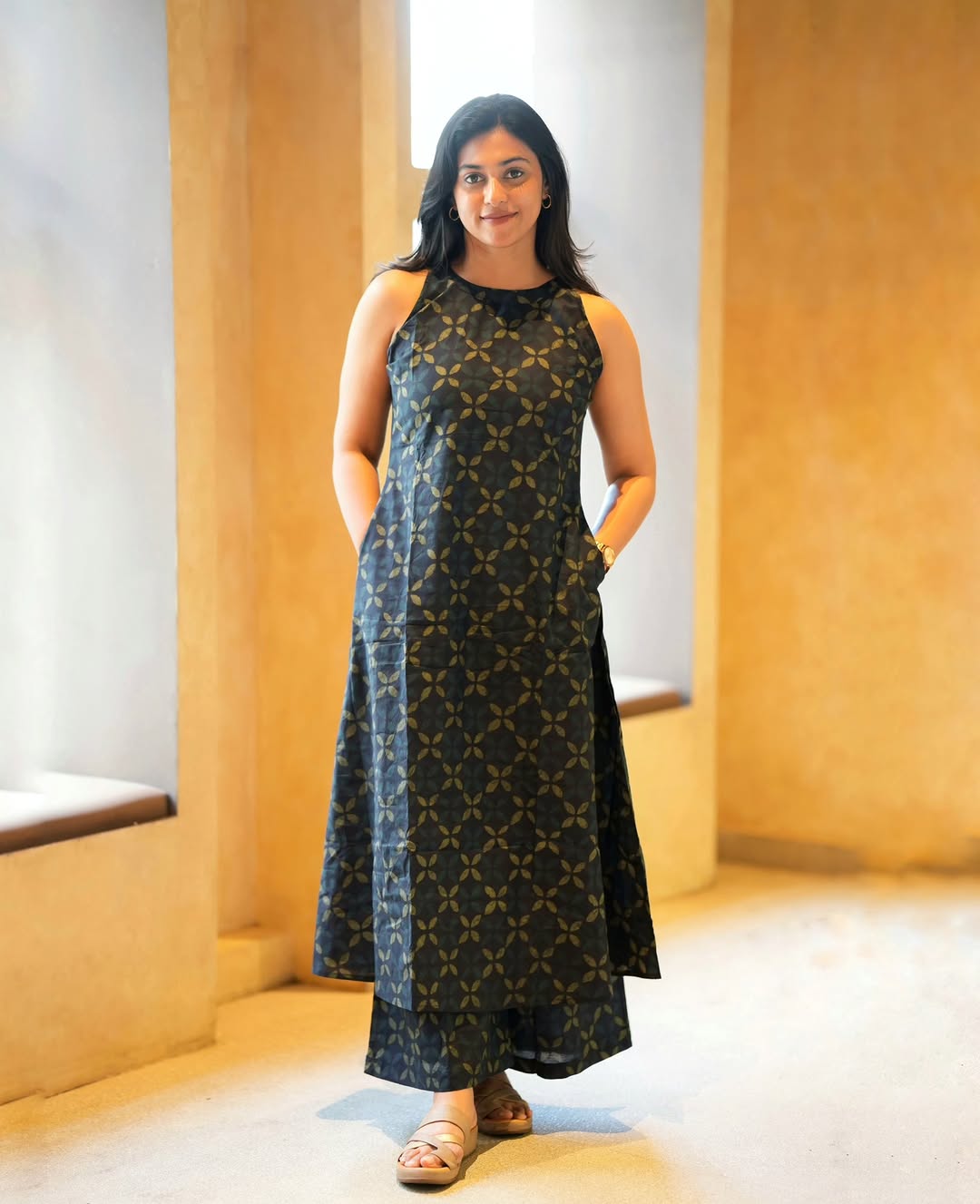 Navy Blue Leaf Print A-Line Kurta Palazzo Set