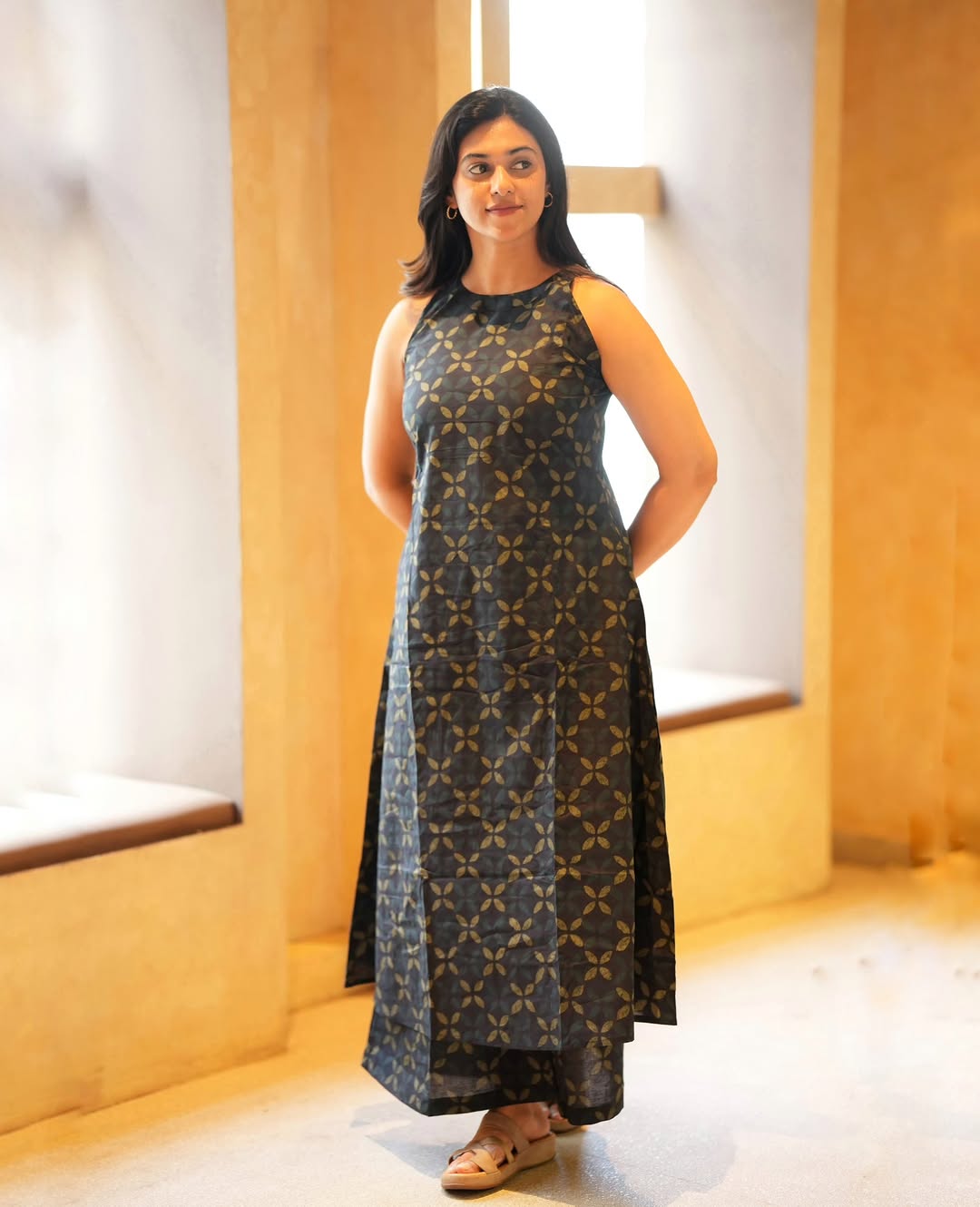 Navy Blue Leaf Print A-Line Kurta Palazzo Set