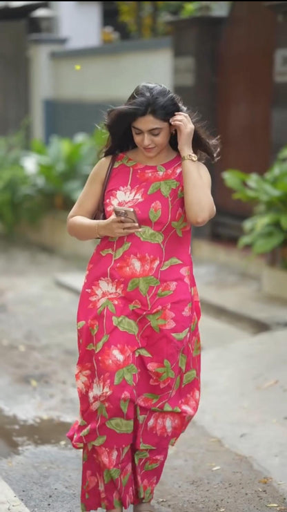 Rani Pink Lotus Print Halter Neck Kurta Palazzo Set