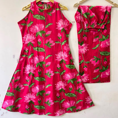 Rani Pink Lotus Print Halter Neck Kurta Palazzo Set