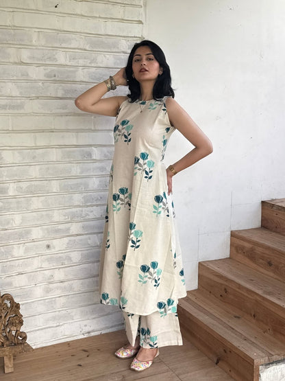 White Floral Halter Neck A-Line Kurta Palazzo Set