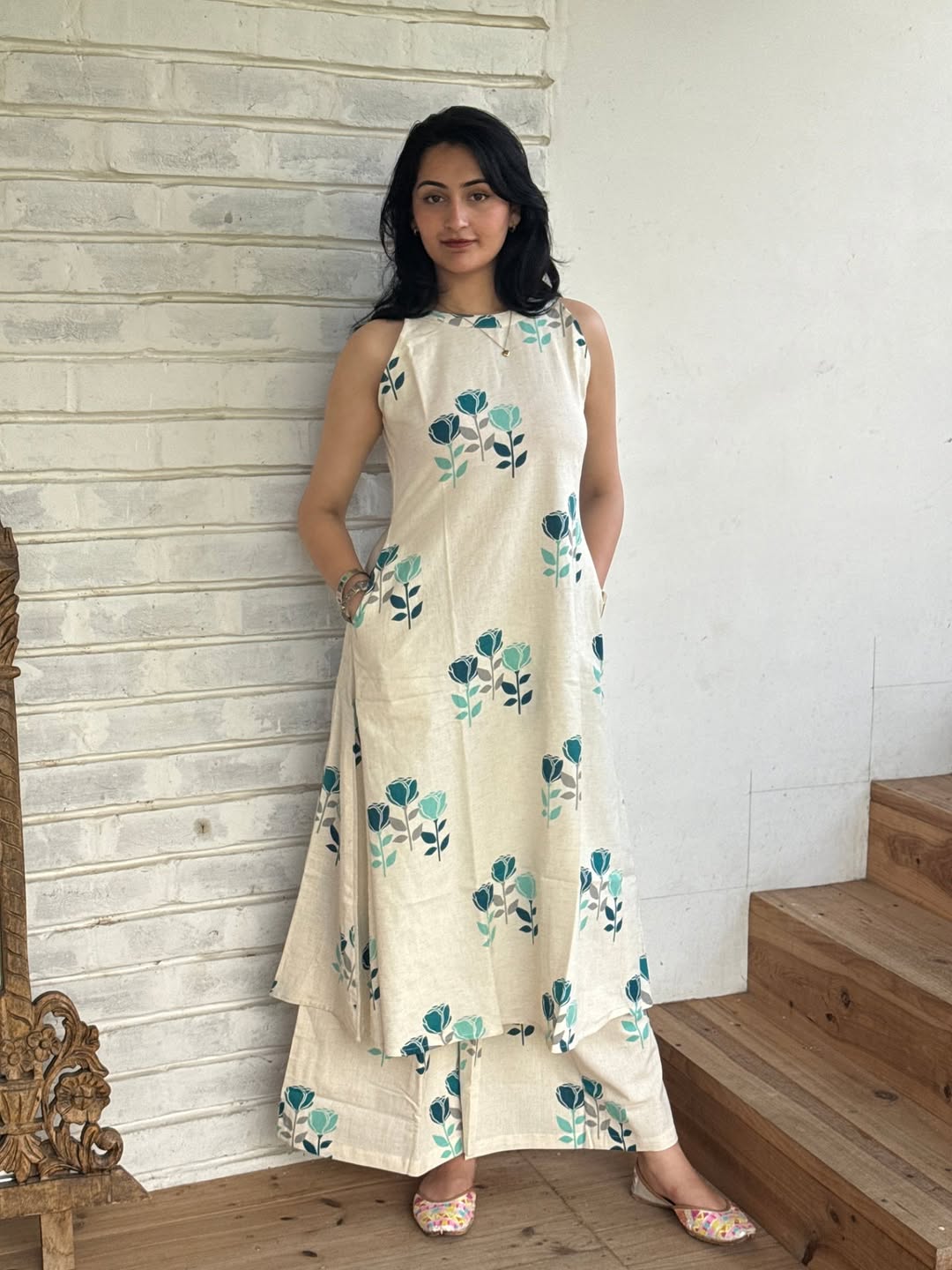 White Floral Halter Neck A-Line Kurta Palazzo Set