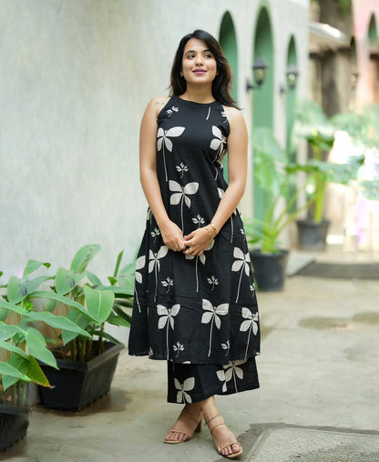 Black White Floral Halter Neck A-Line Kurta Palazzo Set