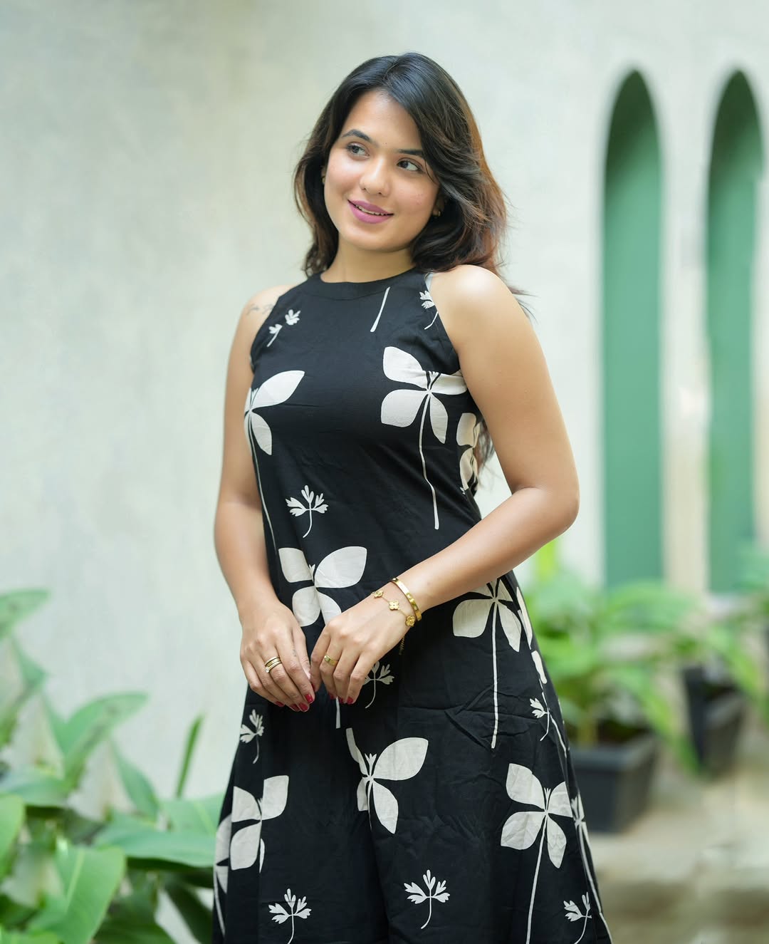 Black White Floral Halter Neck A-Line Kurta Palazzo Set