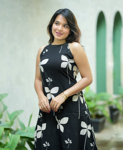 Black White Floral Halter Neck A-Line Kurta Palazzo Set