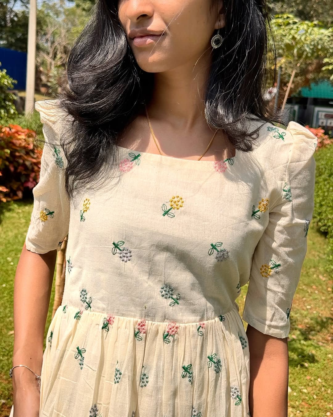 White Floral Midi Cotton Casual Dresses for women