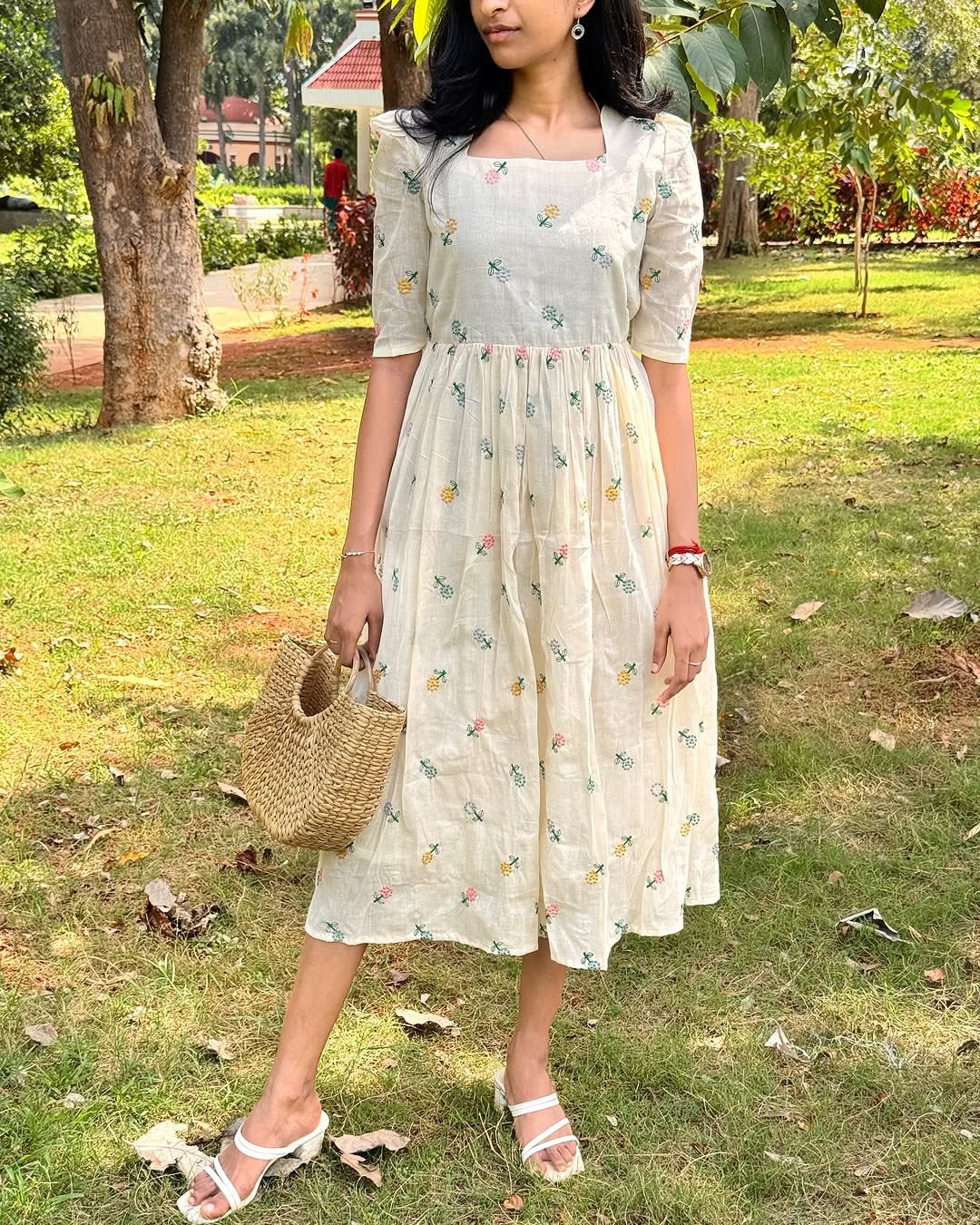 White Floral Midi Cotton Casual Dresses for women