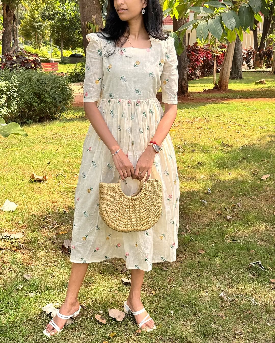 White Floral Midi Cotton Casual Dresses for women