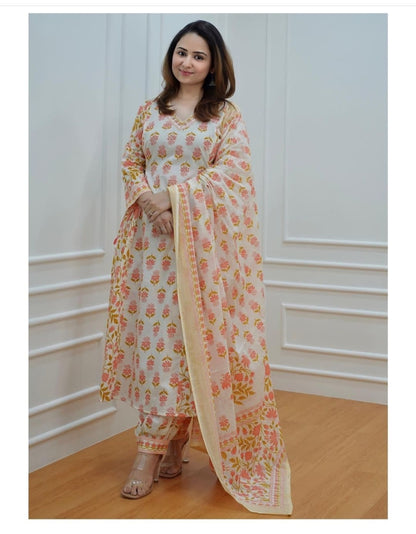 Orange Women's Beautiful Block Print Nyra-Cut Kurta Pant & Dupatta Set