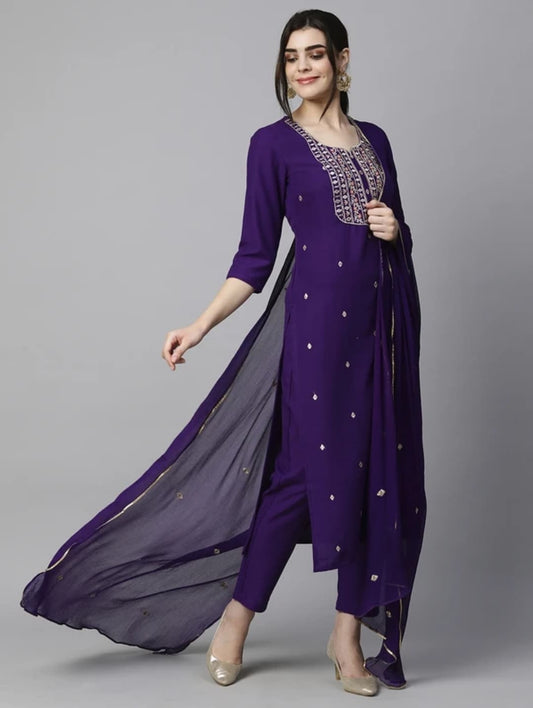 Women's Beautiful Embroidery Rayon Kurta Pant & Dupatta Set
