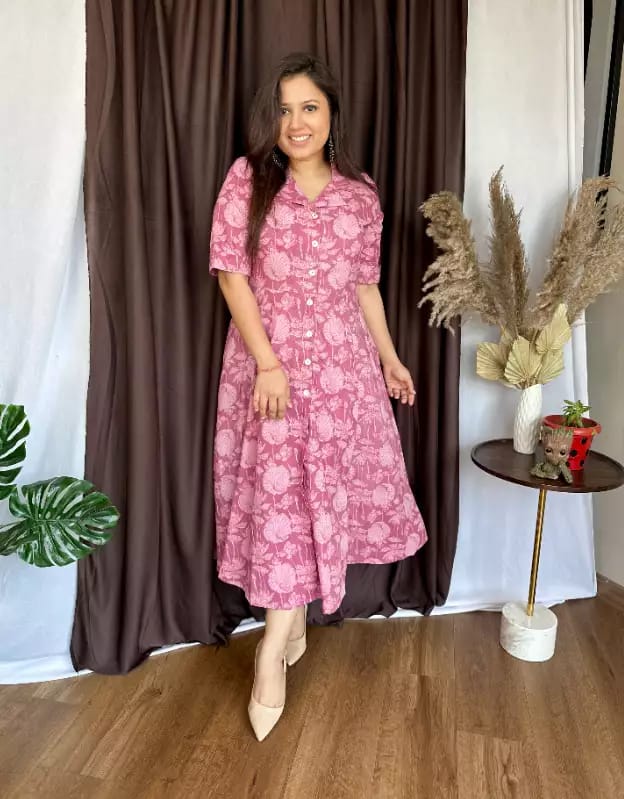 Pink  Cotton V-Neck Short Sleeves Printed Anarkali Midy Gown for women