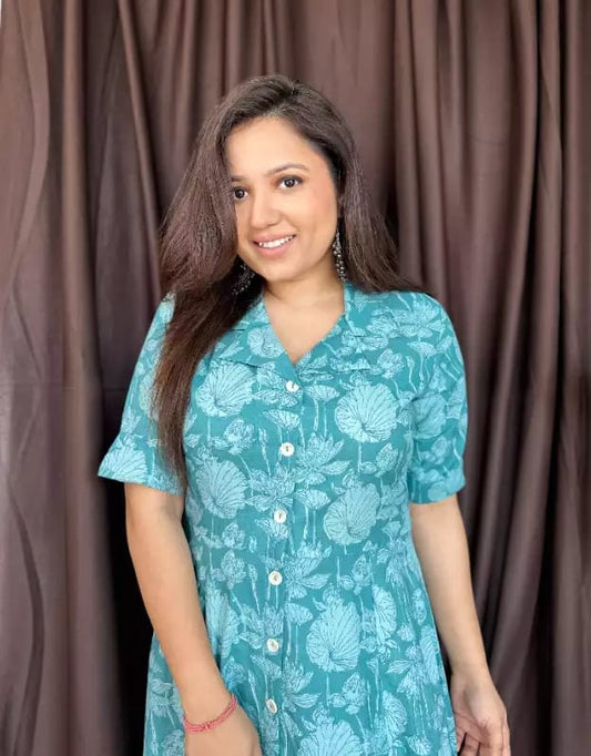 Blue  Cotton V-Neck Short Sleeves Printed Anarkali Midy Gown for women