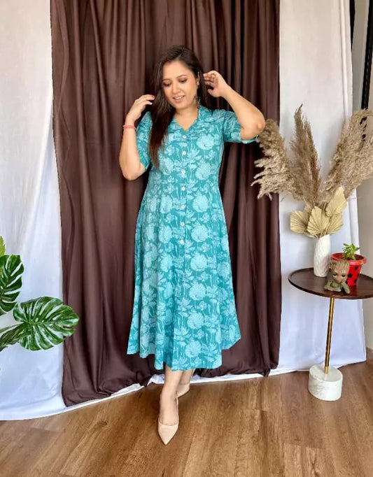 Blue  Cotton V-Neck Short Sleeves Printed Anarkali Midy Gown for women