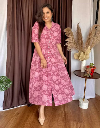 Pink  Cotton V-Neck Short Sleeves Printed Anarkali Midy Gown for women