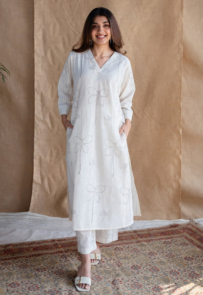 Women's Cotton White Sanganer Floral Print Co-Ords Set