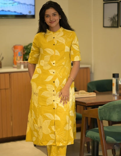 Women's Cotton Yellow Floral Print Co-Ords Set