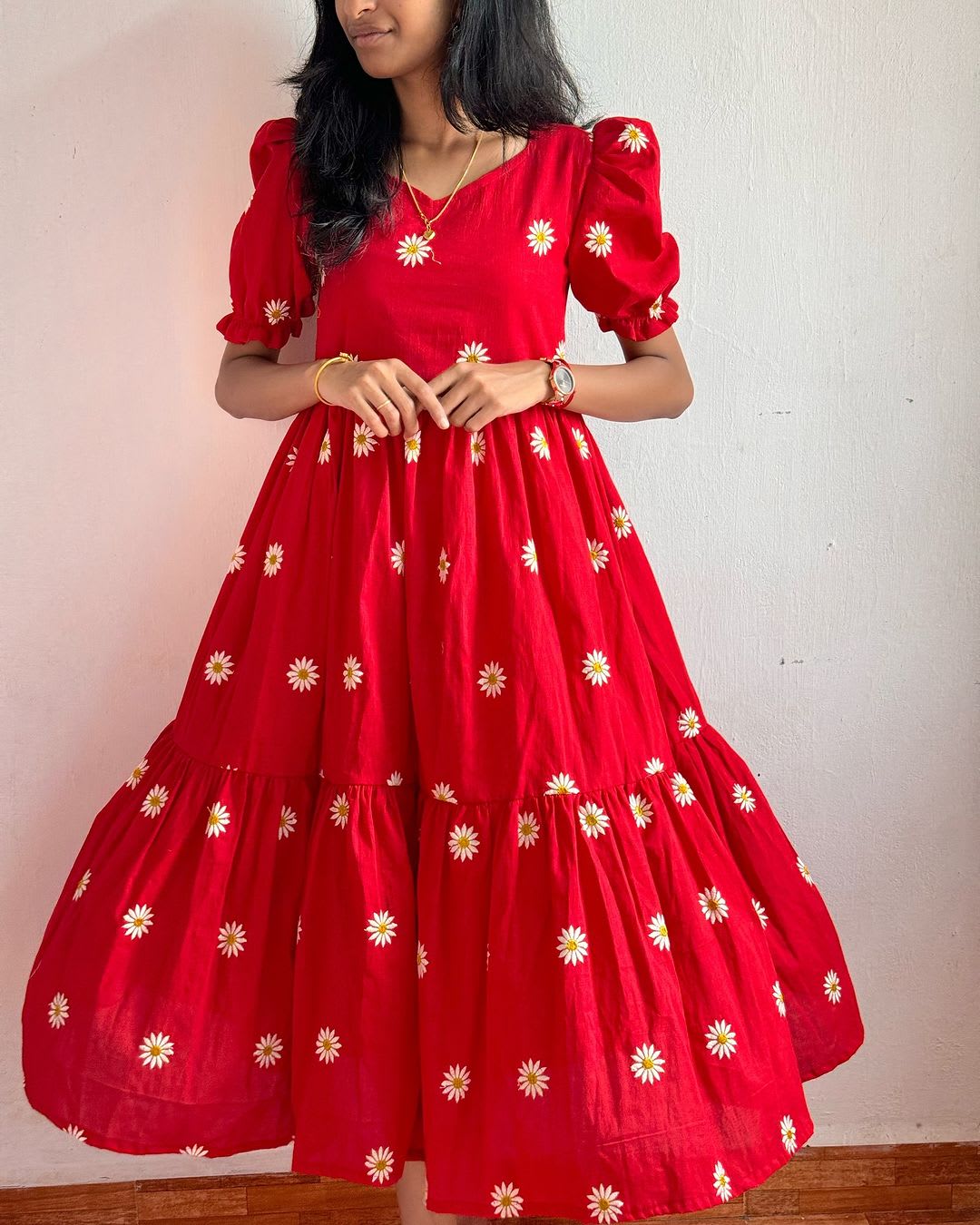 Red Midi Cotton Casual Dress for women