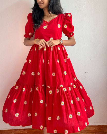 Red Midi Cotton Casual Dress for women