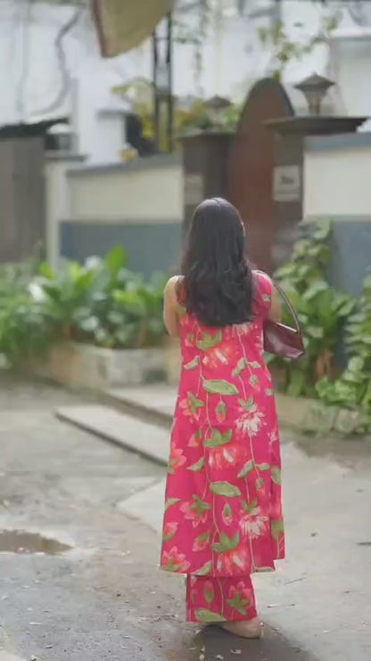 Rani Pink Lotus Print Halter Neck Kurta Palazzo Set