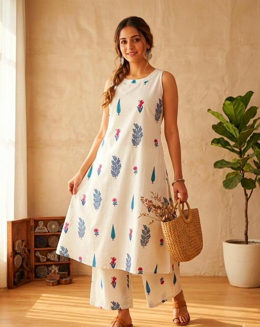 Women's White Floral Print Sleeveless A-Line Kurta with Palazzo Set