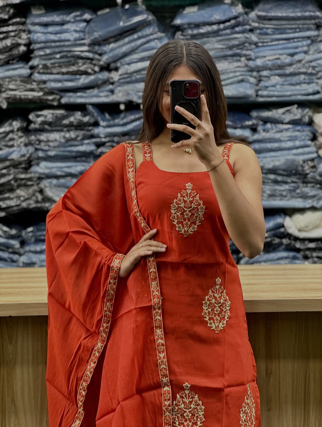 Rust Orange Embroidered Strappy Sleeveless Kurti with Salwar & Dupatta Set