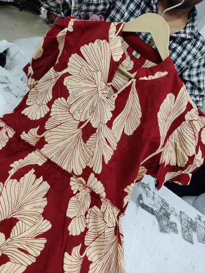 Women's Maroon & Cream Botanical Leaf Print Tiered Cotton Midi Dress with Puff Sleeves