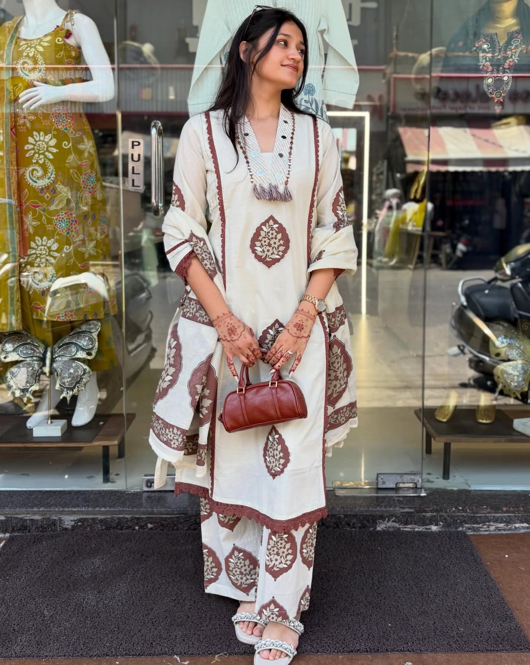 Chic Off-White and Brown Floral Block Print Kurta Set
