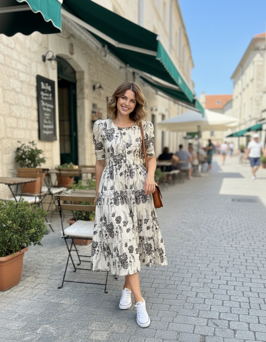 European Summer Printed Tiered Midi Dress