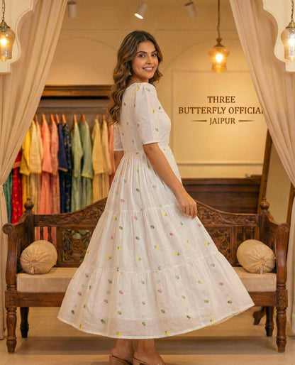 Elegant White Floral Embroidered Square Neck Tiered Midi Dress