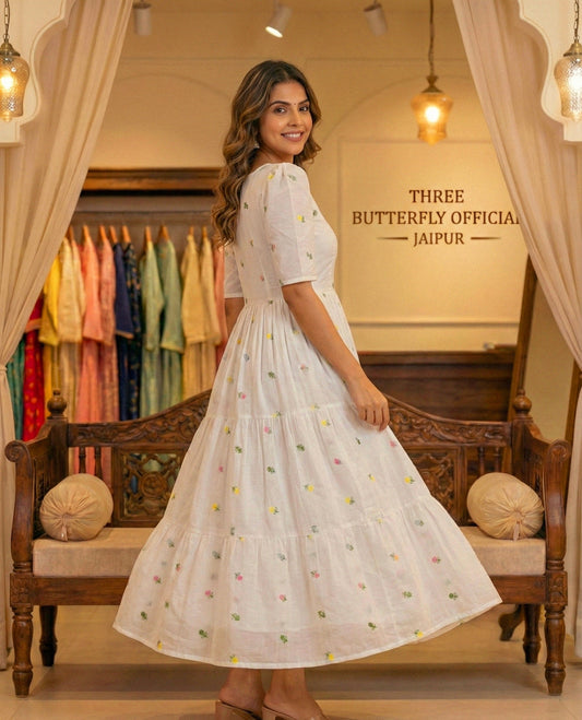 Elegant White Floral Embroidered Square Neck Tiered Midi Dress