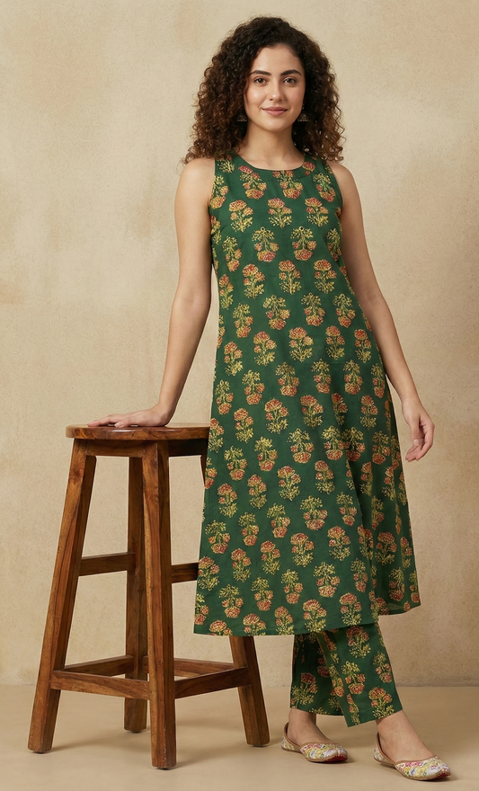 Deep Green Floral Block Print Sleeveless Kurta and Pant Set