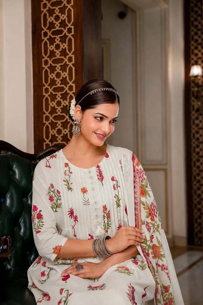 Mint Green Floral Printed Kurta Set with Pant and Matching Dupatta